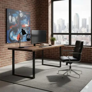 Industrial-style executive desk in a Montreal loft office with exposed brick and contemporary Canadian décor.