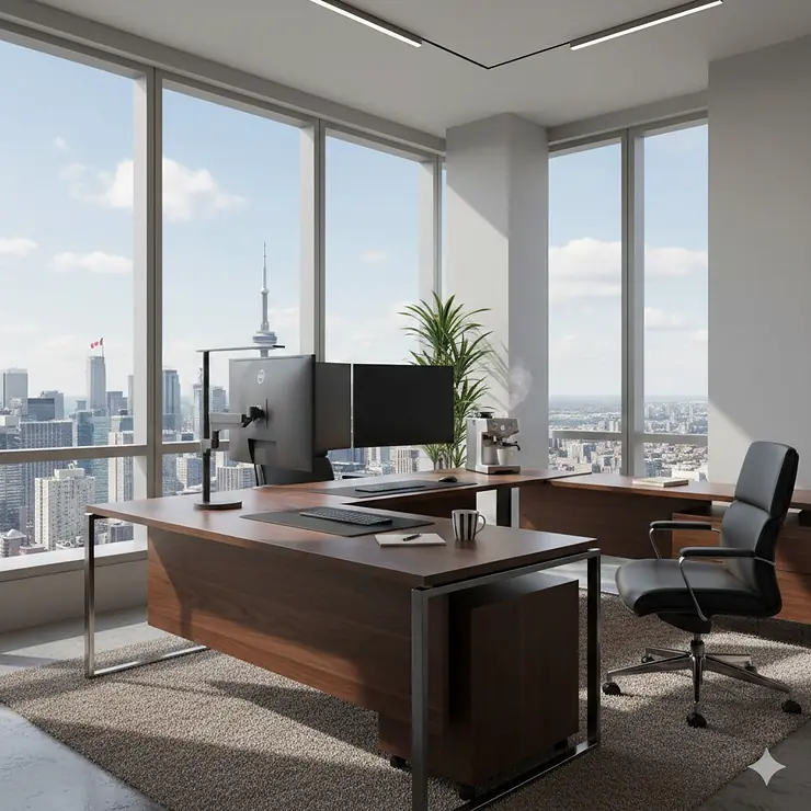 A premium wood executive L-shaped desk in a high-rise Toronto office with a view of the CN Tower.