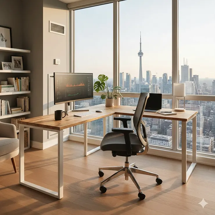 A sleek wood and metal L-shaped desk positioned in a sunlit Canadian home office with a modern ergonomic chair.