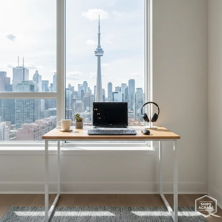A minimalist small computer desk in a bright, modern Toronto condo with a view of the CN Tower in the background, featuring ergonomic accessories.