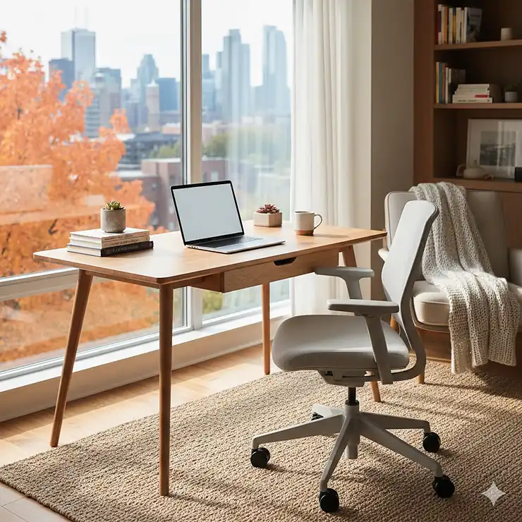 Minimalist wood writing desk in a sunlit Toronto home office with a view of maple trees.