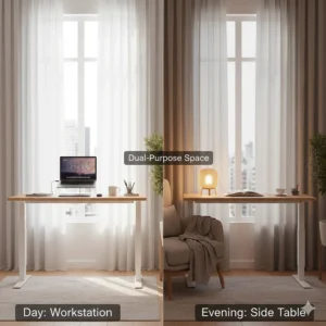 A standing desk for a small apartment being used as a laptop workstation during the day and a side table in the evening.