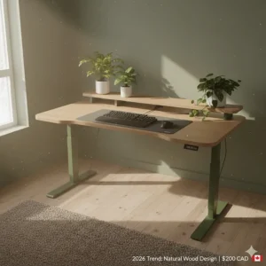 2026 trend: Gaming desk under $200 with light oak wood finish and indoor plants in a bright room.