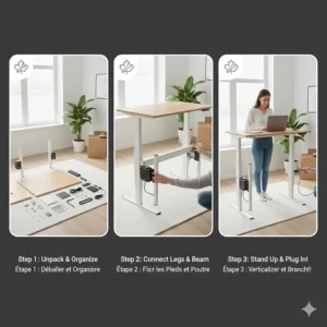 Illustration of a quick-assembly standing desk for small apartment renters in Canada, highlighting portability and lightweight design.