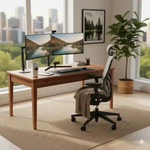 Professional remote work writing desk in Canada with a dual-monitor setup and ergonomic chair.