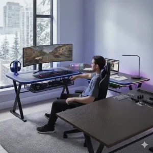 Modern L-shaped gaming desk featuring customizable RGB LED lighting for a stylized setup.