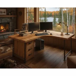 Rustic oak corner computer desks perfect for a Muskoka cottage or rural home office.