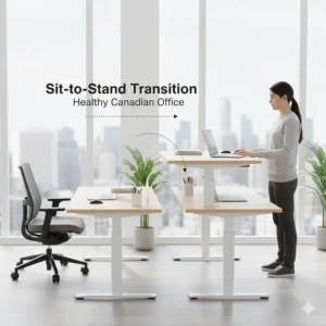 Illustration of a height-adjustable L-shaped desk transition for a healthy Canadian office environment.