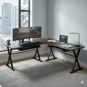 Compact L-shaped gaming desk designed to fit corner spaces in urban Canadian condos.