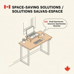 Illustration of a compact standing desk designed for small Canadian apartments or urban home offices in cities like Vancouver or Montreal.
