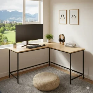 Compact corner computer desks designed for small Vancouver apartment living rooms.