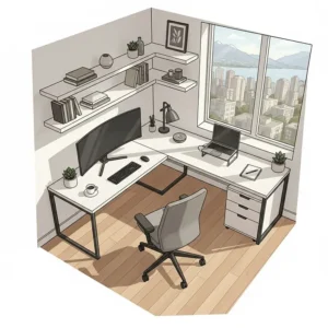 Top-down view illustration of an executive L-shaped desk maximizing space in a small Vancouver home office.