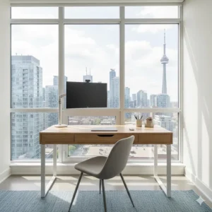Compact executive desk design optimized for a small Toronto condo office with a view of the skyline.