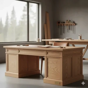Handcrafted solid maple executive desk made in Canada, highlighting natural wood grain and high-quality craftsmanship.