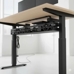 Illustration of an organized cable management tray under a dual motor standing desk for a clutter-free Canadian workspace.