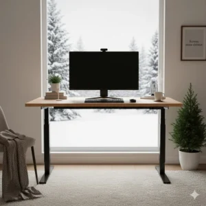 A cozy Canadian home office featuring a dual motor standing desk near a window with a snowy view, Bureau assis-debout.