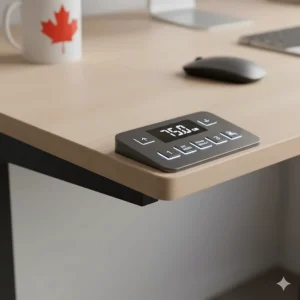 Close-up illustration of an electric standing desk digital controller with programmable height presets for Canadian users.