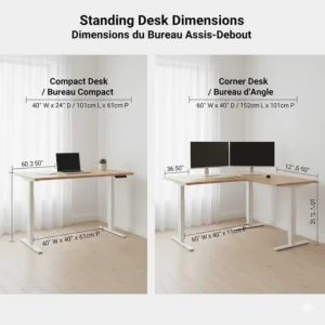 Comparison chart of standing desk dimensions for small apartments, labeled in English and French (Bureau assis-debout) for the Canadian market.