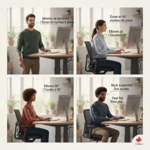 Illustration of proper ergonomic posture at a standing desk, highlighting ideal monitor height and arm angles for Canadian office workers.