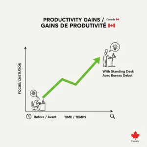 A clean graphic showing the correlation between using a standing desk and increased focus for Canadian entrepreneurs and students.