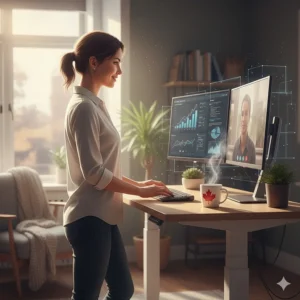 Graphic illustration of a professional staying productive and energized while working at an electric standing desk.