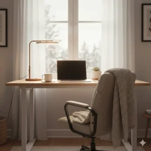 Cozy home office setup featuring a standing desk for a small apartment during a Canadian winter, with warm lighting and a knit throw.