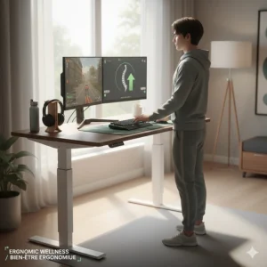 Illustration of a height-adjustable standing gaming desk promoting ergonomic wellness for Canadian gamers.