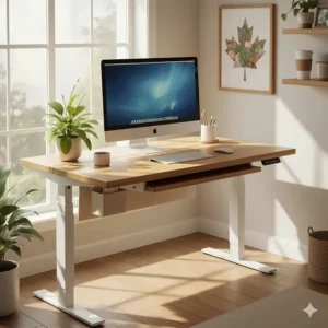 An eco-friendly electric standing desk with a bamboo top, reflecting Canadian values of sustainability and green living.