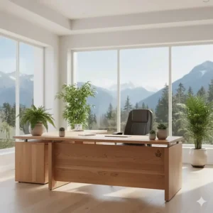 Eco-friendly executive L-shaped desk made from Canadian-sourced materials in a bright, airy office setting.