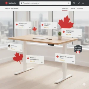 Illustration of a top-rated, value-for-money standing desk with maple leaf icons representing high Canadian customer satisfaction.