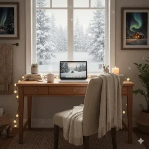 Warm writing desk setup in a Canadian home with a hot cocoa and a view of falling snow.
