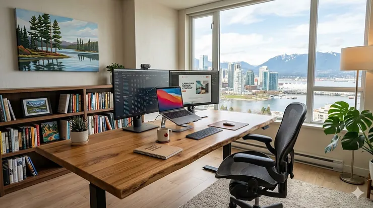 A spacious 72 inch desk for home office in a bright Canadian room with natural light.