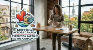 Remote worker in Ottawa using an adjustable bamboo standing desk with a view of the Parliament Hill skyline in winter.