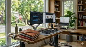 Photorealistic motorized standing wide desk for dual monitors with high-end ergonomic features and a clean aesthetic.