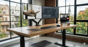 Close-up 4K detail of a bamboo standing desk desktop showing the durable, moisture-resistant cross-laminated layers.