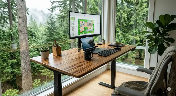 A high-quality bamboo standing desk in a modern Canadian home office with a bright, natural wood finish and 4K clarity.