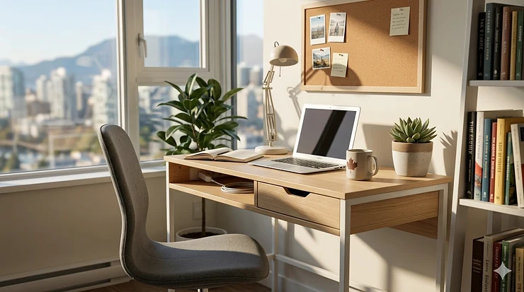 A minimalist home office in a Vancouver apartment featuring a compact desk under $300 with a laptop and a view of the city.