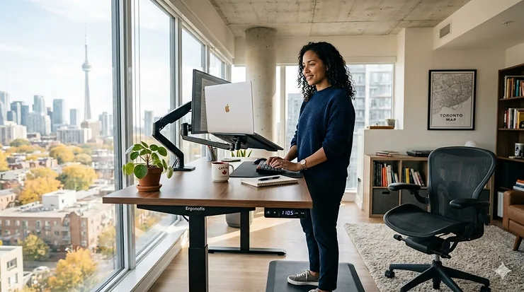 A professional in a modern Canadian home office using an ergonomic standing desk for back pain relief while working on a laptop.