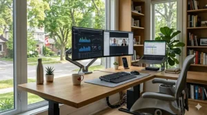 Photorealistic setup of a wide desk with two large monitors and a laptop stand in a modern Canadian workspace with natural lighting.