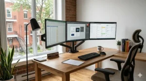 A minimalist desk for 3 monitors in a Montreal home office, with a clear view of classic exterior spiral staircases and bilingual office details.