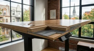 Professional woman working at a bureau assis-debout en bambou in a Montreal loft with historic brick architecture.
