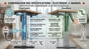 An infographic in English and French comparing electric vs manual standing desk features for a Canadian professional audience.
