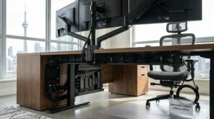 An organized under-desk view of a massive desk for 3 monitors in a Toronto condo, showing meticulous cable management and horizontal trays.