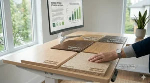 A showcase of sustainable desktop materials including Canadian maple, walnut, and recycled finishes, highlighting eco-friendly options for choosing a standing desk.