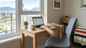Minimalist small desk for home office living in a compact Toronto or Vancouver apartment.