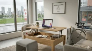 Multi-functional coffee table lifting into a workspace for Canadian urban dwellers.