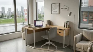 Compact L-shaped corner desk designed for small Canadian condo living rooms.