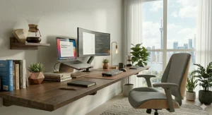 Cozy Canadian home office with a slim computer desk for condo living, styled with warm textures and plants.