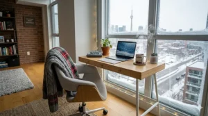 Cozy illustration of a small workspace by a window with snow outside, featuring a sleek narrow desk under 40 inches.