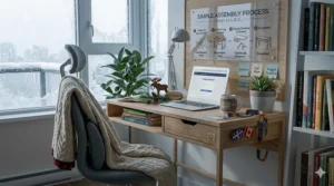 A warm, cozy home office illustration with a compact desk under $300 next to a window with falling snow.
